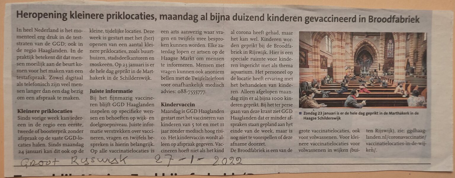 Zondag 23 januari 2022 is er de gehele dag geprikt (corona-vaccinatie) in de Marthakerk in de Haagse Schilderswijk